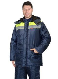 Куртка "БРИГАДИР" зимняя мужская с капюшоном т-синяя с неоновым и СОП